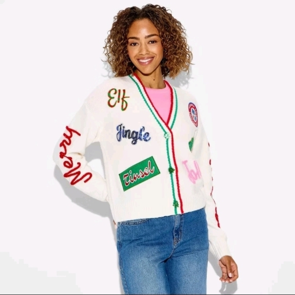 33 Degrees Women's Holiday Patchwork Festive Graphic Cardigan